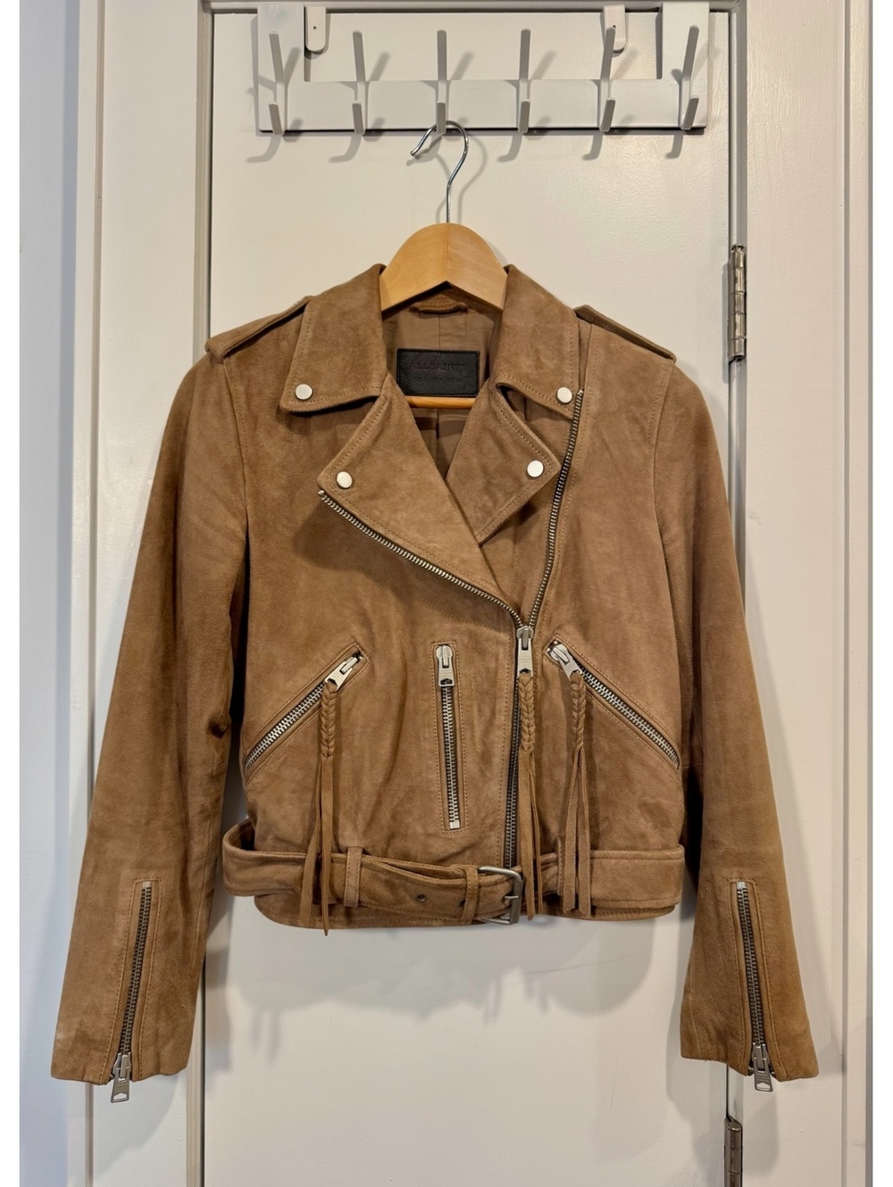 AllSaints Brown Suede Leather Moto Jacket Size UK 8 / US 4 / EU 36
